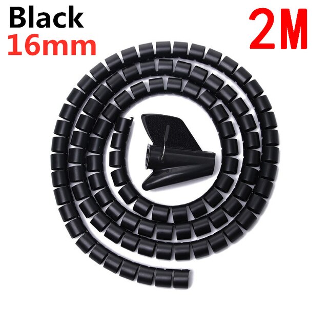 2/1m weiche, flexibel spiralkabelorganisatoren, aufbewahrungsrohre, kabelschutz, kabelaufwickler, schreibtisch-kabelclips, zubehör: 16 mm x 2m schwarz
