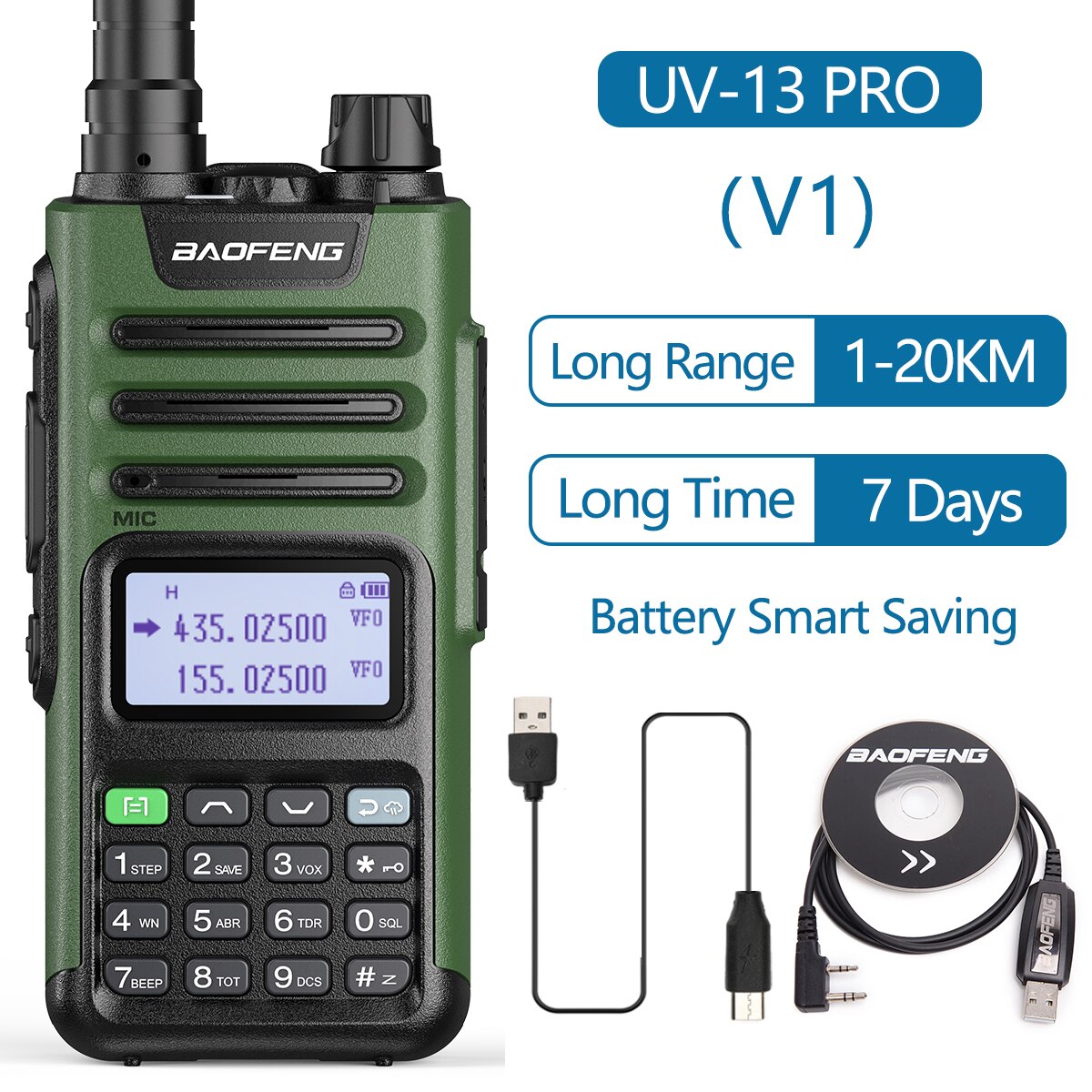 Baofeng UV-13 Pro Walkie Talkie 10W 8800Mah High Power 999 Channel Dual Band Uhf Vhf Radio Zender Typ-C Jack Upgrade 10R: V1 add cable