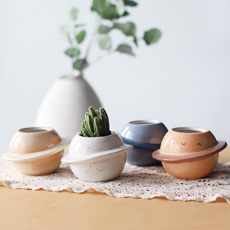 Planet keramikkruka suckulentkrukor balkongdekorationer macetas de ceramica skrivbordsdekor mini växt blomkruka trädgård