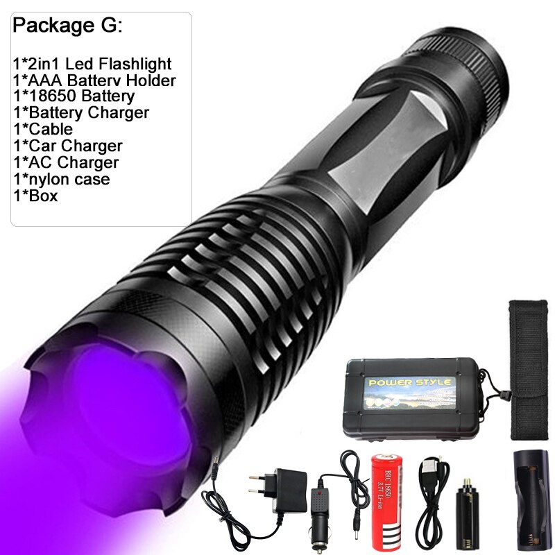 10000LM 2in1 UV + wit licht LED Zaklamp Zaklamp 395nm Ultraviolet Urine Detector voor camping Tapijt Huisdier Urine Vangen Schorpioenen