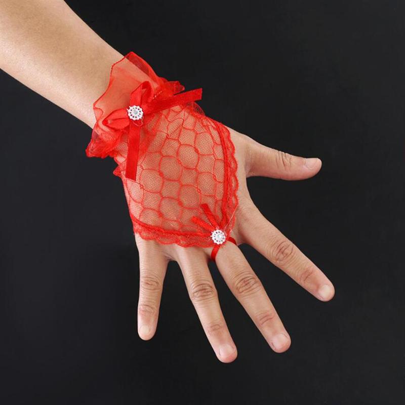 Guantes de encaje rojo de flores para mujer, guantes de vendaje de novia sin dedos, accesorios para vestido de novia, 1 par