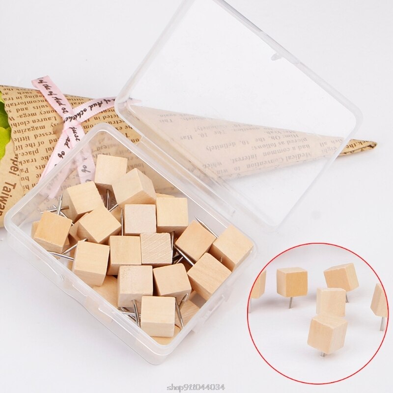 30 Pcs Wooden Thumbtack Quadrate Decorative Drawing Push Pins Wood Head Mar03 21