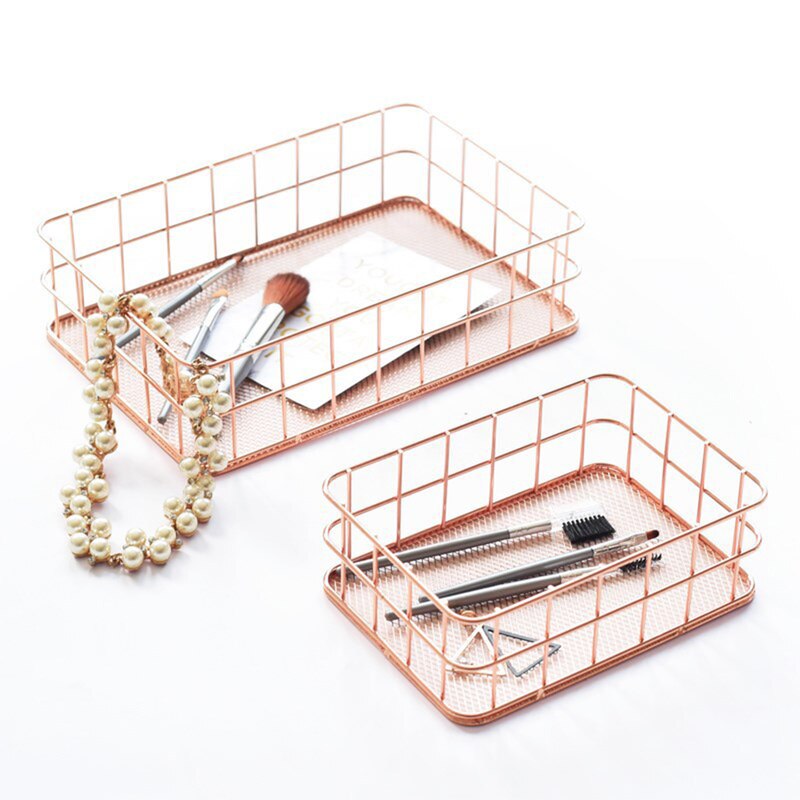 Rose Gold Bathroom Shelf Metal Wire Storage Basket Cosmetic Organizer Holder Home Office Desk Toiletry Collection Nordic Style