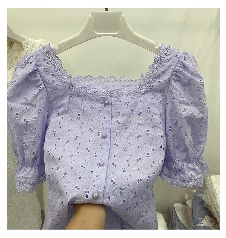 Chic broderi blondebluse kvinder toppe sommer udskæring vintage fransk firkantet krave kausal hvid skjorte kvinder blusas: Xl / Lilla