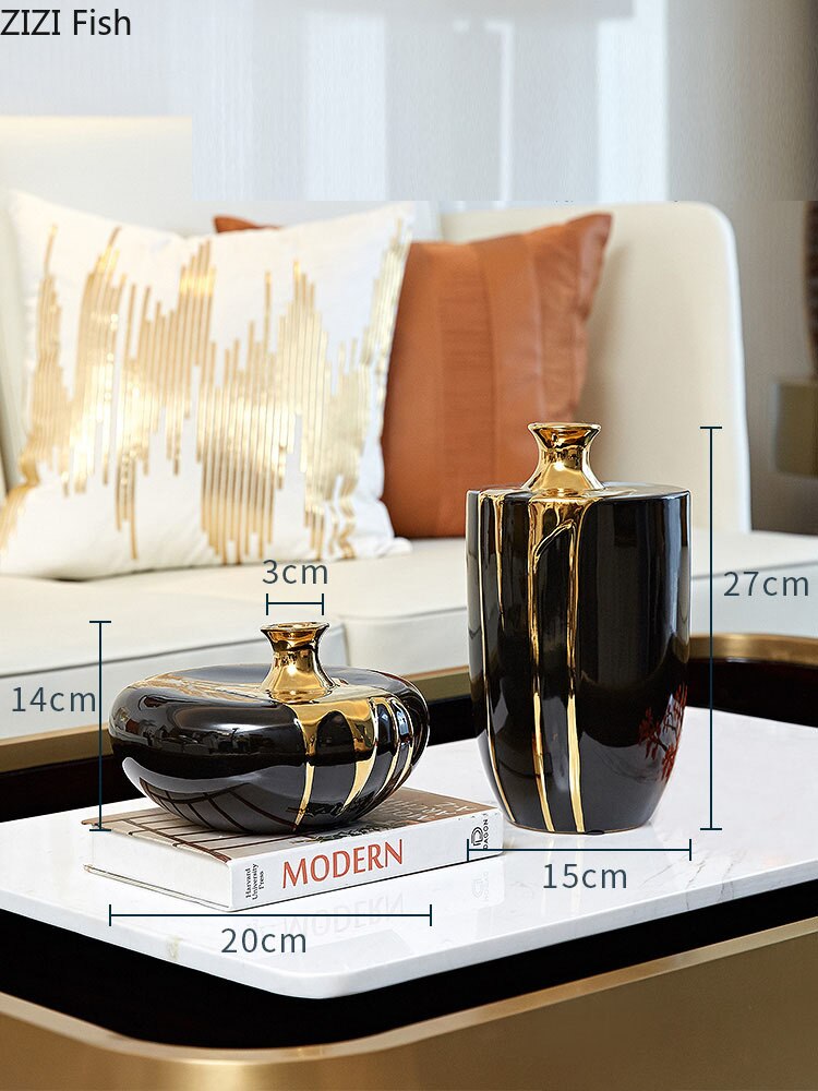 Svart guld keramik vas blommor kruka blomsterarrangemang skrivbord dekoration hantverk glasyr porslin vaser blommig heminredning modern