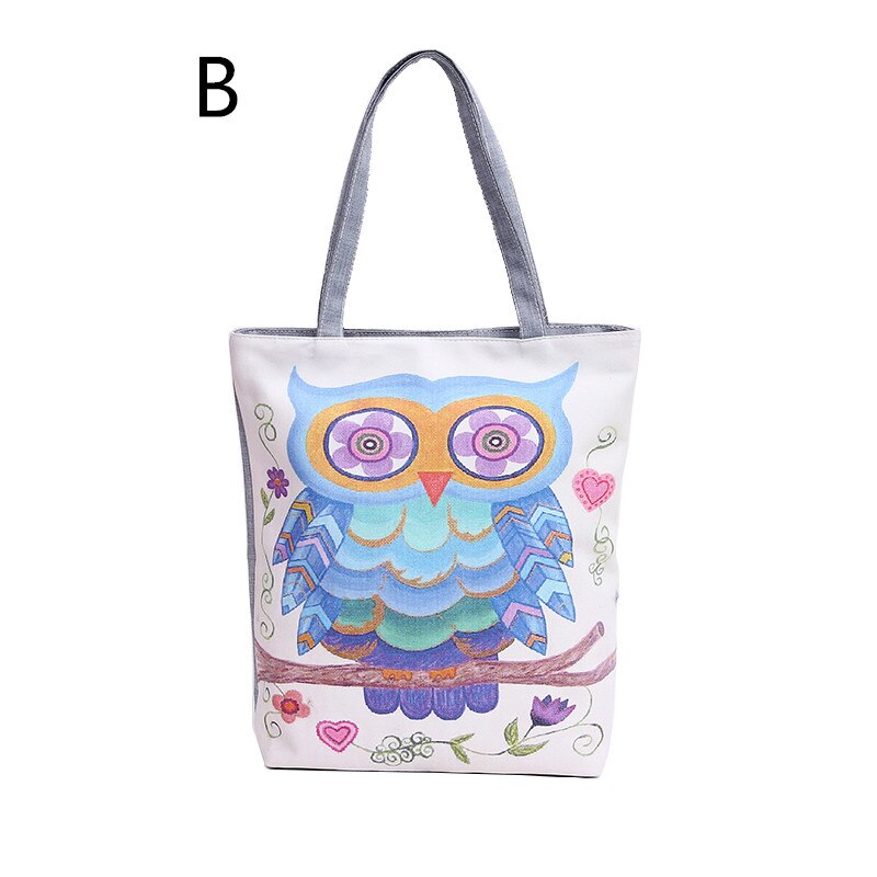 Yogodlns Cartoon Uil Gedrukt Shoudler Bag Vrouwen Canvas Strandtas Vrouwelijke Canvas Handtas Dagelijks Gebruik Schouder Boodschappentassen: B