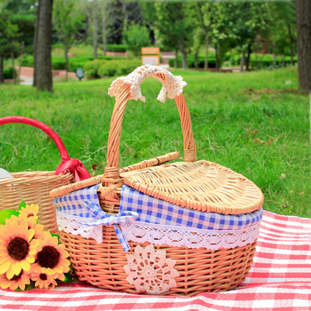 Handmade Small Picnic Wicker Basket with Handle Double-Lid Lining Outdoor Camping Rattan Weaving Fruits Food Storage Hamper