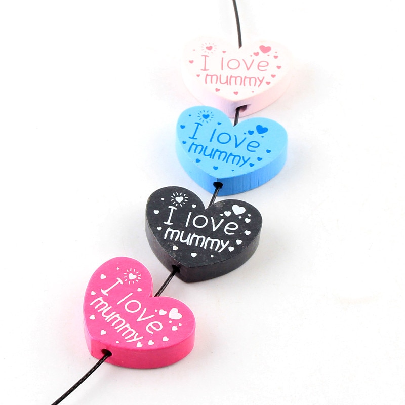 10pcs/lot Wooden DIY (I love mummy) Heart-Shaped Wooden Beads For Children's Toys & Pacifier Clip Spacer Beads