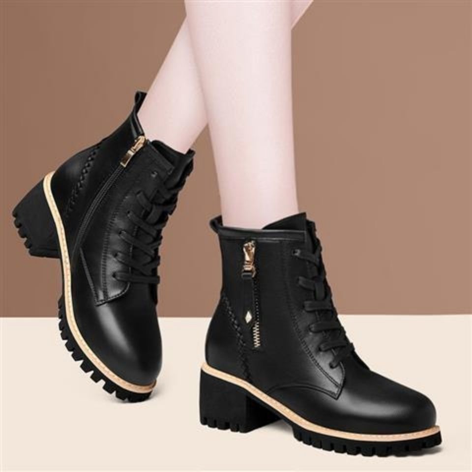 Bottes Martin en cuir souple et coton pour femmes, nouvelles chaussures chaudes de à semelle épaisse assorties avec tout, automne et hiver: 35