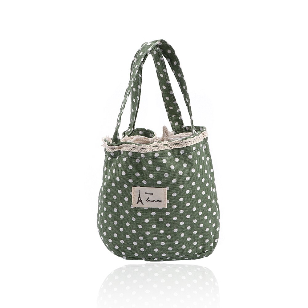 1PC Casual Tragbare Lunch Bag Dots Isolierte Leinwand Thermische Lebensmittel Picknick Mittagessen Taschen Für Frauen Kinder Kühler Mittagessen Box tasche Tote: green