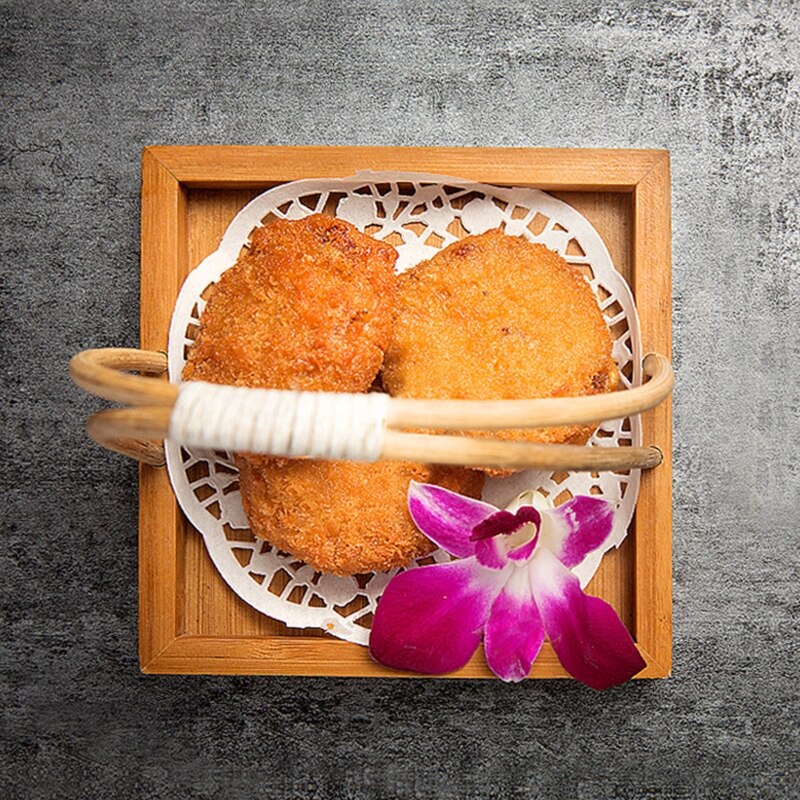 Japanese Sushi Bamboo Basket with Handle Dessert Fried Food Serving Tray Snack Fruit Dish Plate Round Paper Doilies Ta