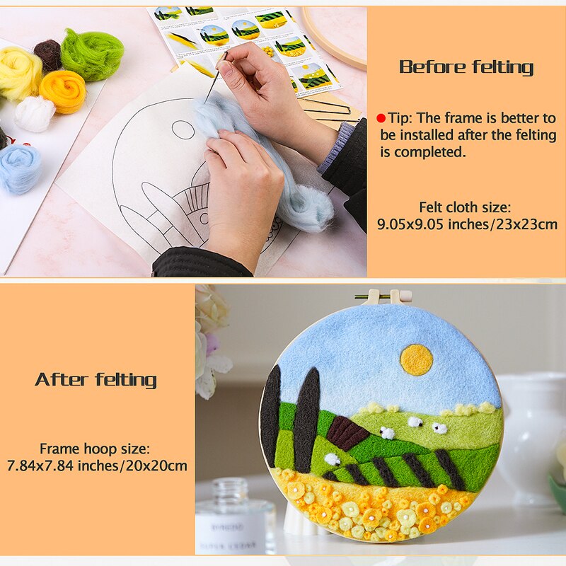LMDZ 1 Set Landscape Painting Handmade DIY Wool Felting Material with Embroidery Frame Wool Fiber and Instructions