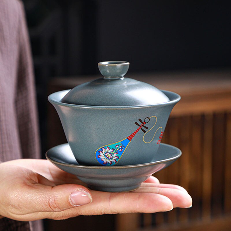 Retro Ceramic Gaiwan Wood-fired Ancient Pottery Tea Bowl Pipa Deer Pattern Tea Cup Kungfu Teaware Kitchen Drinking Tool 190ml