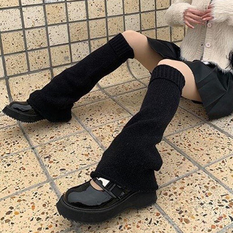 Calentadores de piernas góticos para mujer, calentadores de piernas básicos de punto cálido, color negro y Beige, ropa de invierno para chica Y2k, calentadores de piernas Hipster, dulce cubierta de pie larga Harajuku: black(standard)