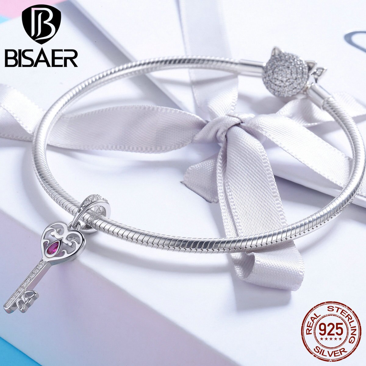 Hart Sleutel Echt 925 Sterling Zilveren Sleutel Van Hart Charms Crystal Cz Hanger Kralen Fit Voor Armbanden Diy Sieraden Maken ECC791