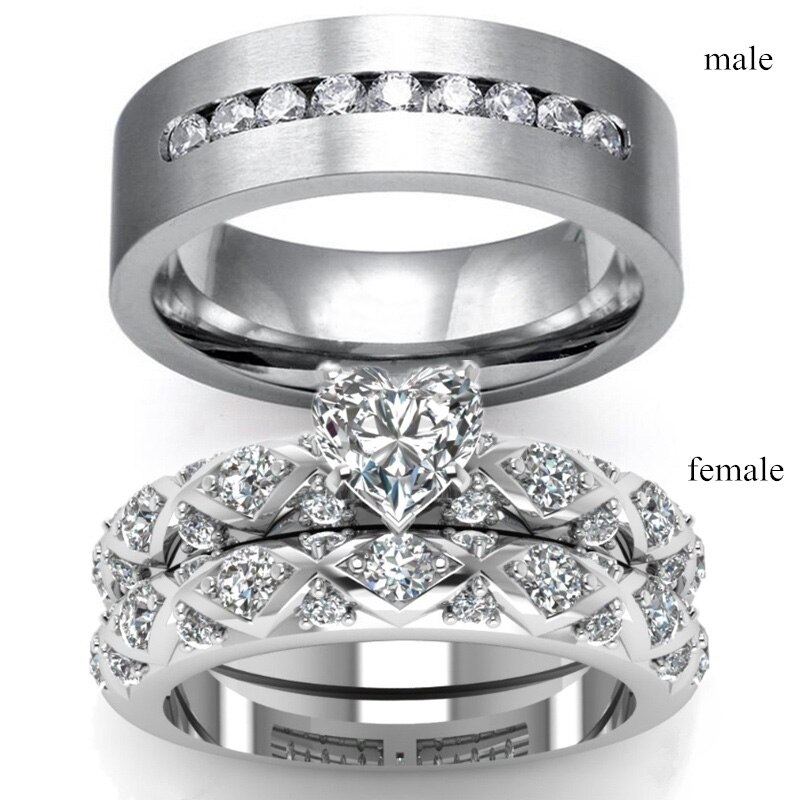Carofeez trendy kæresteringe enkle rustfrit stål mænds ring romantisk hjerte rhinestones zirkon dame ringe sæt