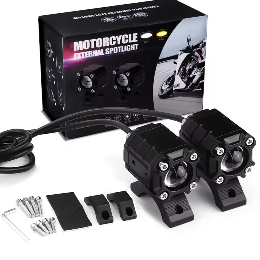 Motocicleta LED Spotlight Projector Lens, Branco Amarelo, Hi, Low Beam, Driving Spot Fog Lights, Auxiliares Faróis Auxiliares