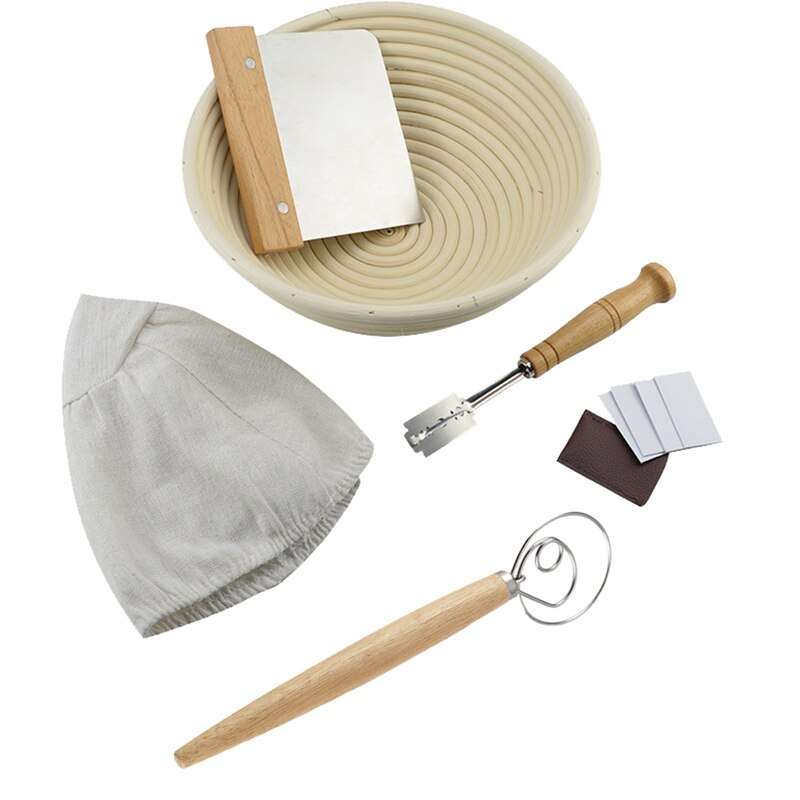 Canasta de fermentación redonda de ratán Natural, pan, masa de Banneton, mimbre, cesta de prueba de masa de ratán, juego de herramientas DIY