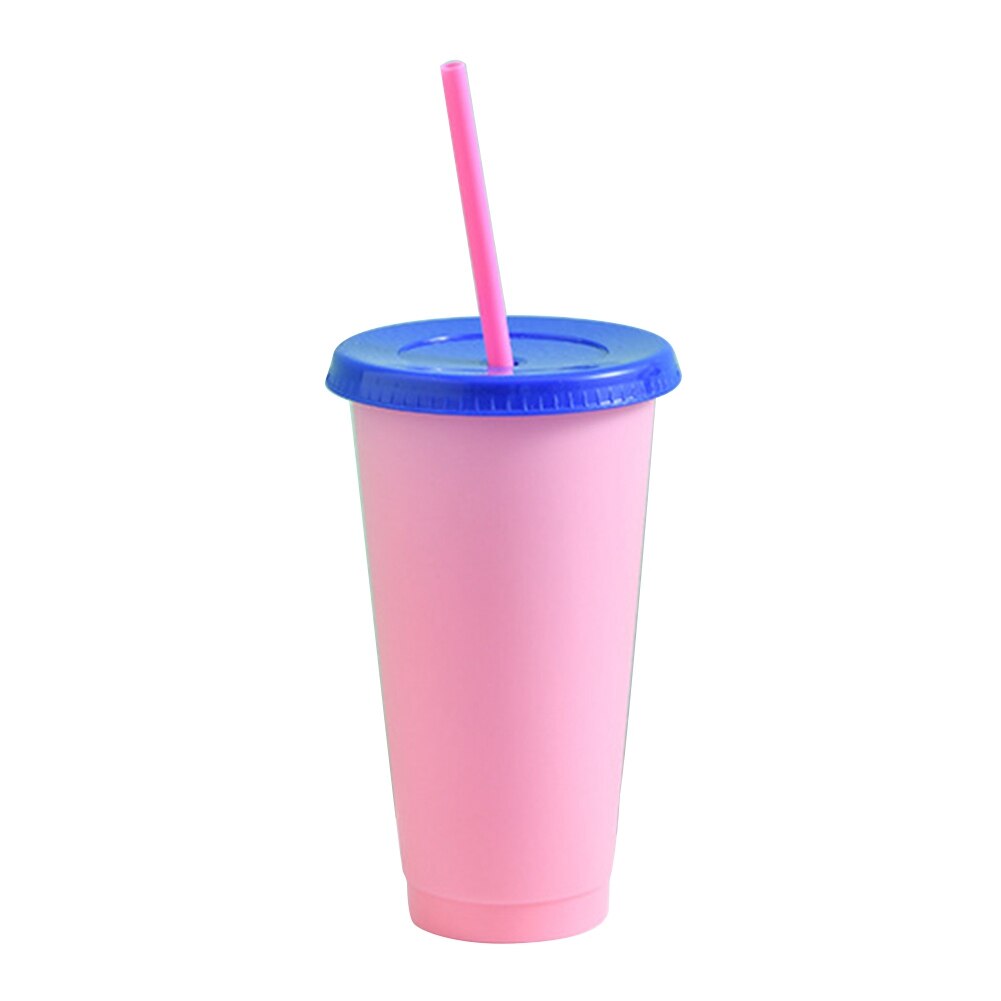 Color Changing Cold Drink Cups Reusable Temperature-Sensitive Plastic Colorful Coffee Cup with Lids and Straws: Pink