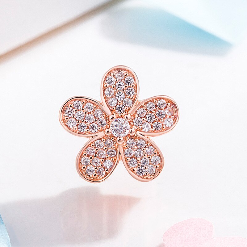 Echt 925 Sterling Silver Charm Rose Gold Dazzling Daisy Met Kristal Kralen Fit Pan Armband Diy Sieraden