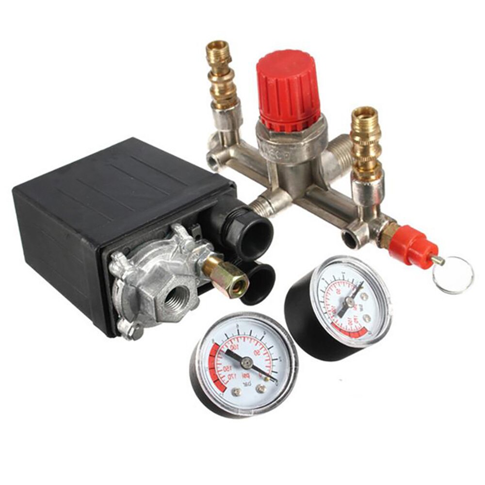 Dobbelt udløbsrør legering luftkompressor switch trykregulator ventil montering dele luftkompressor rør fire huller med måler