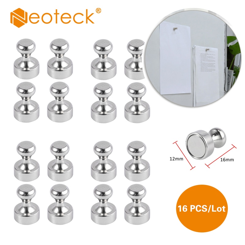 Neoteck 16PCS Strong Magnetic Stainless Silver Metal Push Pin Magnet Diameter Thumbtack for Office Door Oganiser Key Coat Hanger