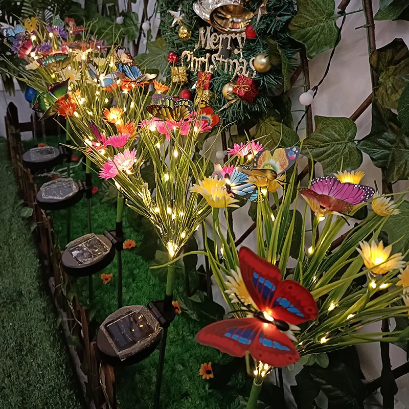 Solar Garden Lights Wild Flower Chrysanthemum Stake Lawn Lamp Waterproof Garden Butterfly Lamps Yard Art for Home Decoration