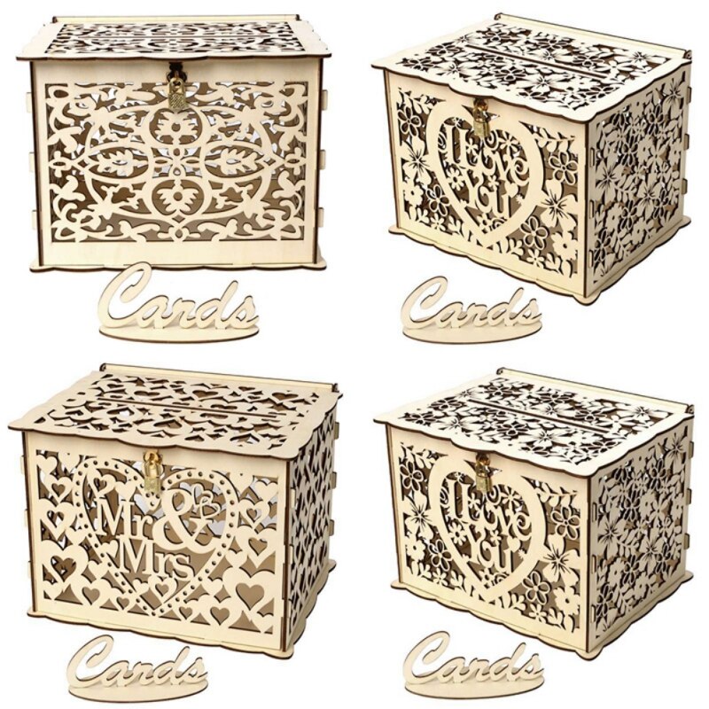 1Pcs Wooden Wedding Envelope Card Box Hollow Floral Pattern Invitation Card DIY Box Wedding Supplies Party Decor