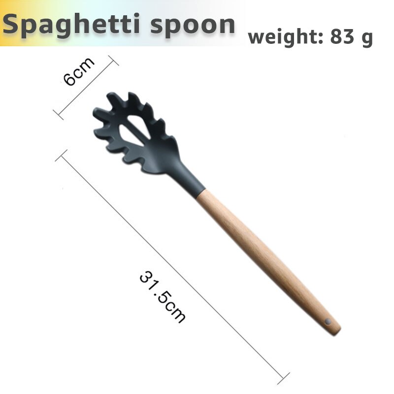 Silicone Cooking Utensils Set Kithcen Non Stick Spatula Shovel Soup Spoon Wooden Handle Heat Resisant 9 Pieces Cooking Tools set: Spaghetti spoon