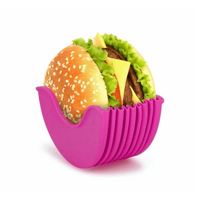 2PC Reusable Burger Holder Burger Buddy Fixed Box, Expandable Adjustable Silicone Burger Holder Hamburger Box: Rose Red