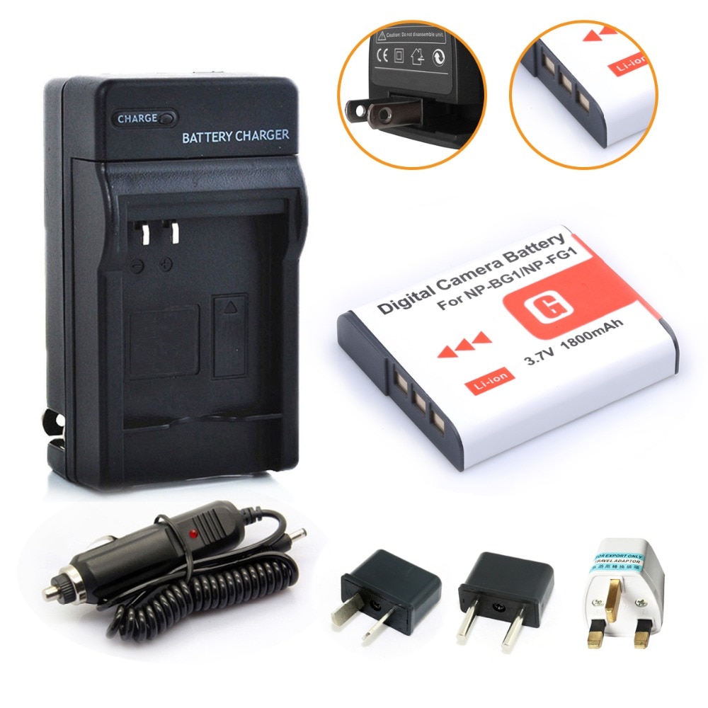 1800mah NP-BG1 Camera Battery +Charger +Car Charger+Plug Adapter for Sony NP-BG1 NP-FG1 DSC-H3 DSC-W70 BC-CSGE BC-CSGD W30