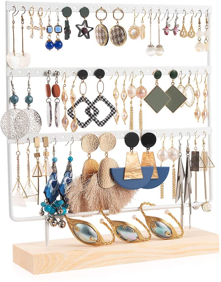 Oorbellenstandaard 3-- laags sieradenhouder organizer 69 gaten met houten basis displayrek voor vrouwen meisjes ho: Wit