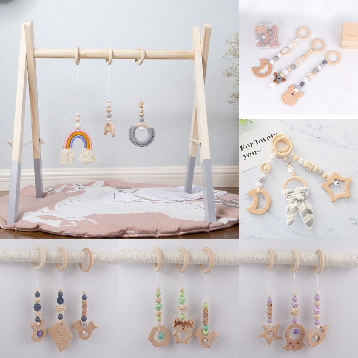Baby Play Gym Frame Houten Beuken Activiteit Gym Frame Wandelwagen Opknoping Hangers Speelgoed Bijtring Ring Verpleging Rammelaar Speelgoed Room Decor