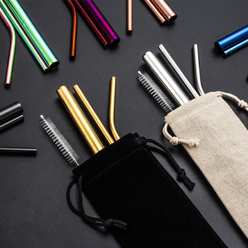 Bubble Tea Stainless Steel Straw Reusable Drinking Straws Set Curved Metal Straws Bag with Brush For Smoothies Juice Tea
