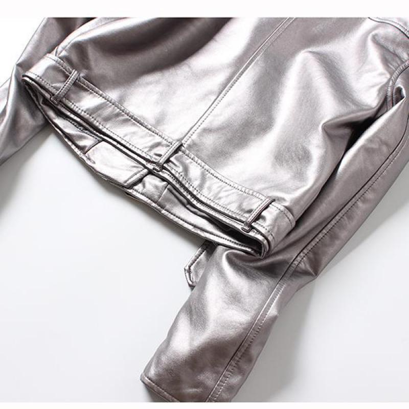 Womens Short Parka Coat Leather Biker Silver Motorcycle Zipper Jackets Outerwear