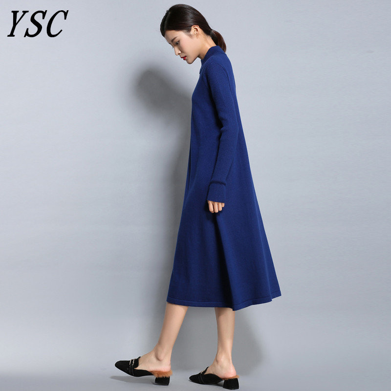 YUNSHUCLOSET spring Women's Knitted Cashmere Wool Dress Half High collar Long style Solid color Dress