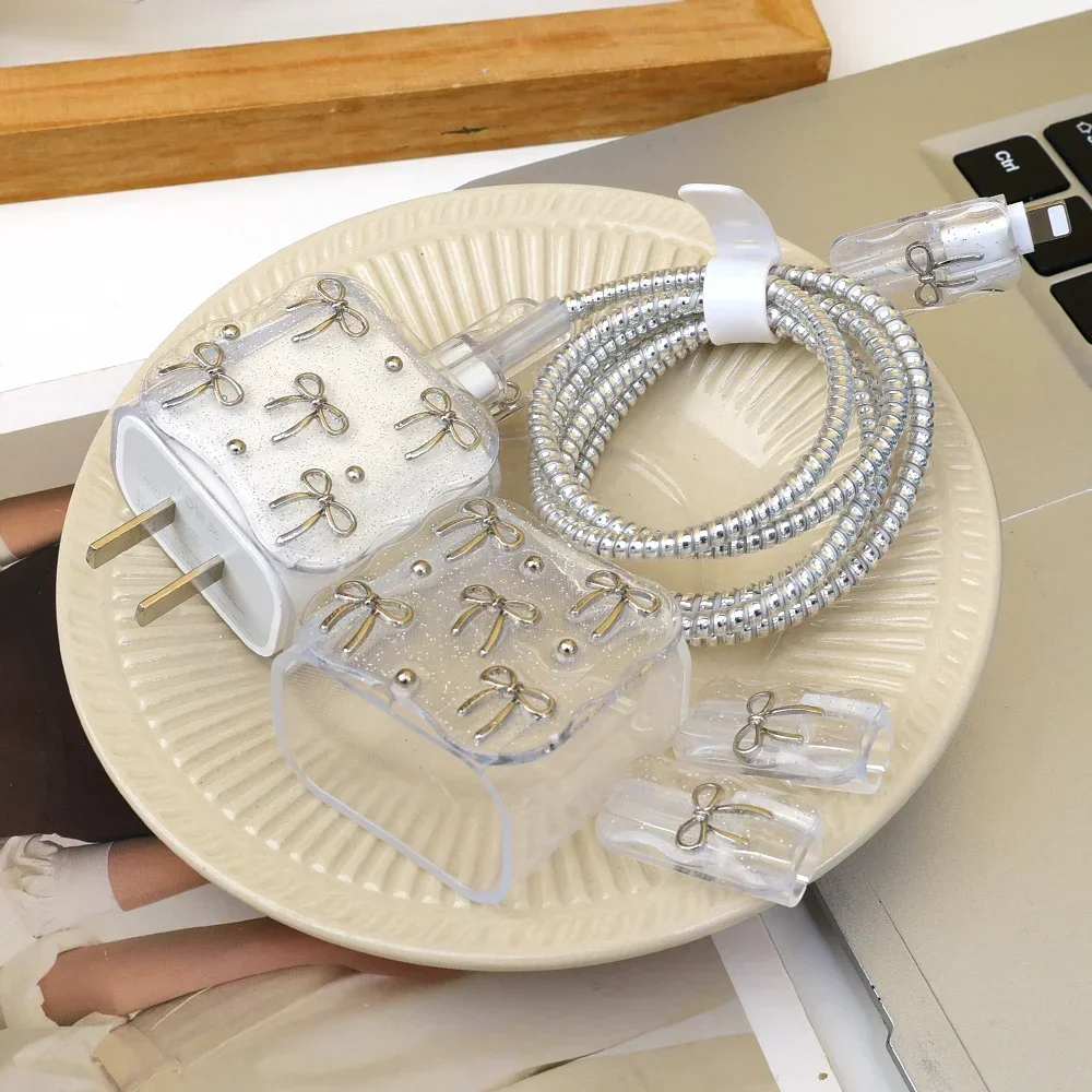 Voor iphone-opladers ipad-stekkeradapter 18w 20w transparante schattige tpu-opladerhoes met strikje, kabeloproller en beschermset