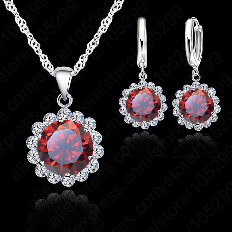 Wedding 925 Sterling Silver Jewelry Sets Women Round Crystal Pendant Necklace Earring Set Price 7 Color Be Chose: Model 51