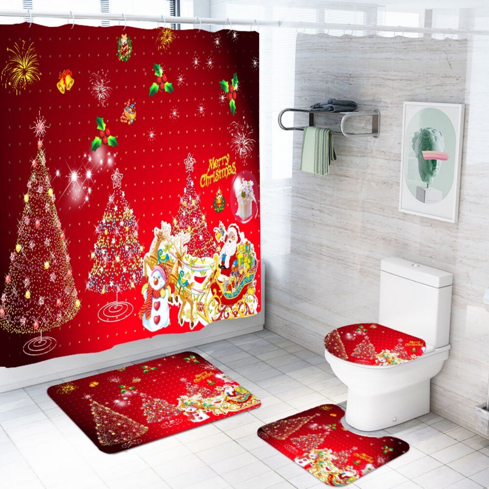 180 x 180cm bruseforhæng piedestal tæppe låg toiletbetræk måtte skridsikker bademåtte sæt badeværelse 3/4 stykke glædelig jul badetæppe sæt: Farve -15