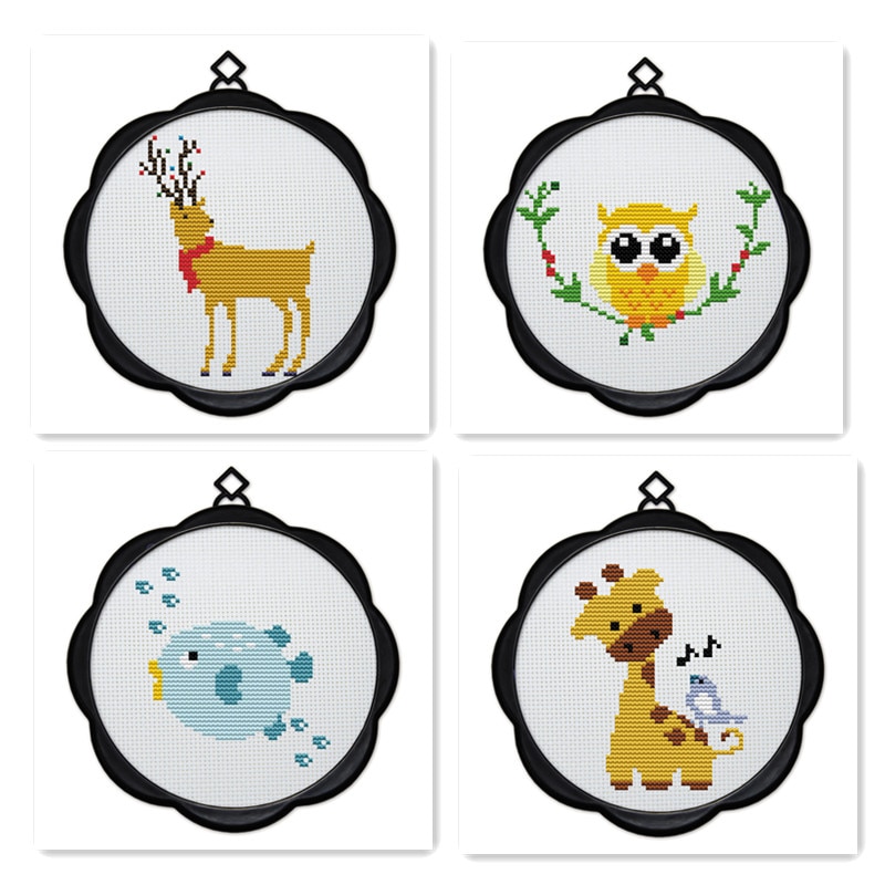 Liten enkel broderi djur rådjur uggla giraff liten fisk korsstygn kit nybörjare nybörjare barn & #39 ;s broderi lastram