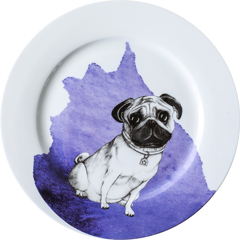 10inch Porcelain Dog Plate Bone China Dinner Dishes Cute Serving Plate Collectible Art Pupply Lover Ceramic Animal Platter: Purple