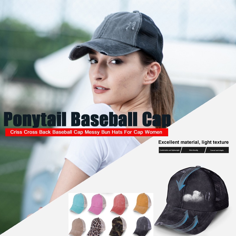 Gorra de béisbol con espalda cruzada para mujer, gorro de béisbol con cola de caballo, con espalda cruzada, moño desordenado, Snapback de algodón, visera informal para verano