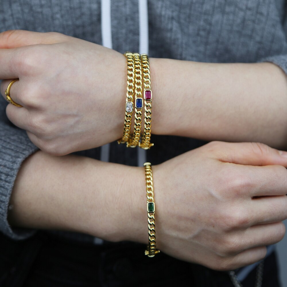 Gold-colored cuban link chain band bangle bracelet with colorful rectangles, czech-style european women's jewelry