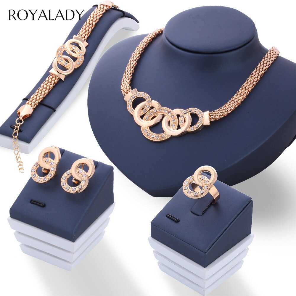 Rosa guld krystal smykkesæt kvinder brude halskæde øreringe armbånd ring rhinestone bryllup forlovelsesfest smykker: Guld  js0011 