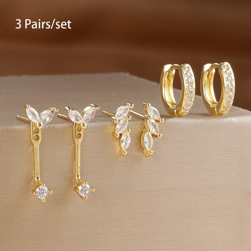 3 Pairs Exquisite Zircon Little Huggies Hoop Earrings Set for Women Stainless Steel Unique Cartilage Earring Piercing Jewelry: Light Yellow Gold Color
