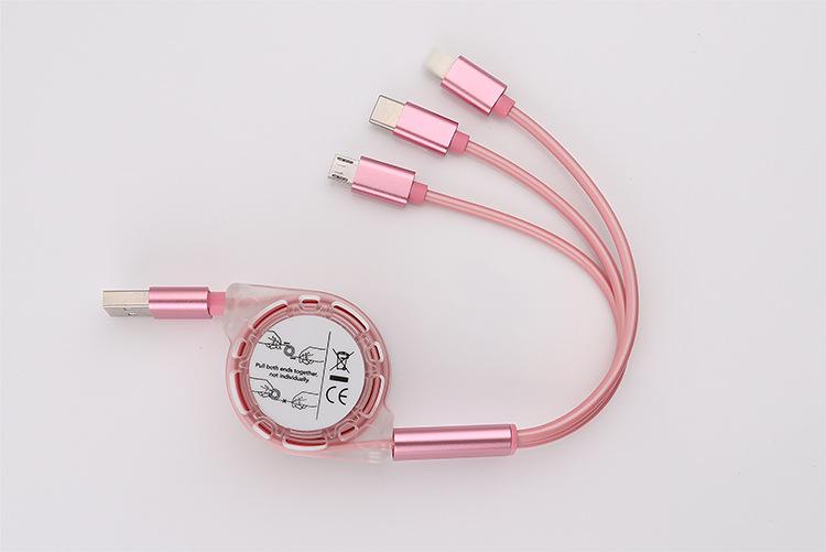 3 w 1 Multi USB chowany kabel ładowarki dla iPhone USB typ C android mikro linia: Różowy