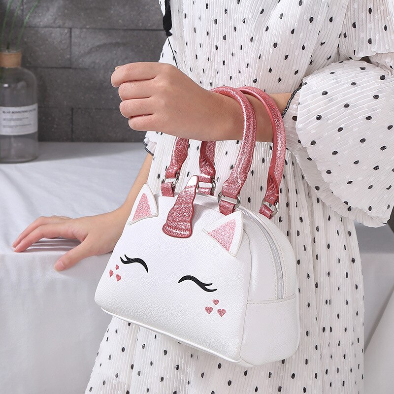 Cartoon Leuke Kat Handtas Pu Leer Mooie Meisje Hand Tas Dames Handig Messenger Schoudertas Wit Roze Kleur Shell Pakket: White