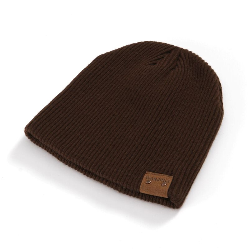 1 stk vinter hold ude den kolde varm stribe dobbelt stof strikket hue mærke bomuld skullies hue hatte til mænd 5 farver: Brun