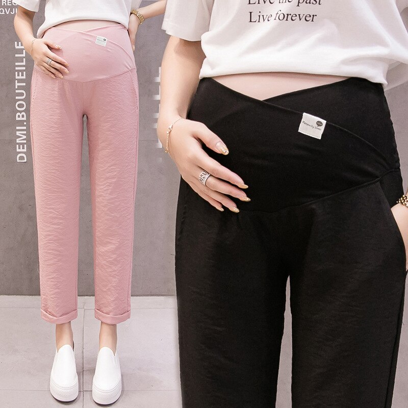Popular Casual Pregnant Women Loose Pants Maternity Adjustable Trousers Black Grey Pink Waist