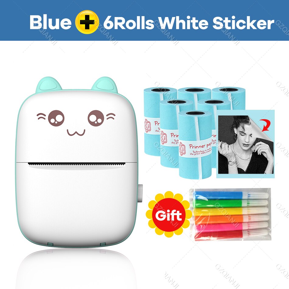 Thermal Printer 203DPI Portable Bluetooth 4.0 Thermal Photo Printer Wireless Inkless Mini Pocket Label Notes Printer With Papers: BL add 6STICKER